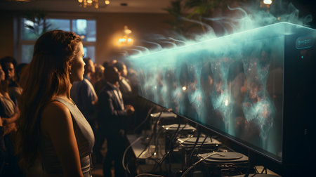Rear view of a woman looking at the screen of a computer in a night clubの素材