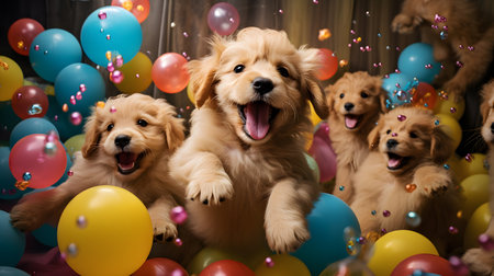 Cute Golden Retriever puppies with colorful balloons and confettiの素材