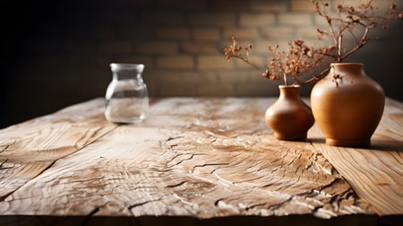 Vase with dry flowers on a wooden table against brick wall backgroundの素材