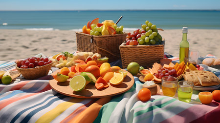 Beautiful picnic with fruits on beach, closeup. Summer vacationの素材
