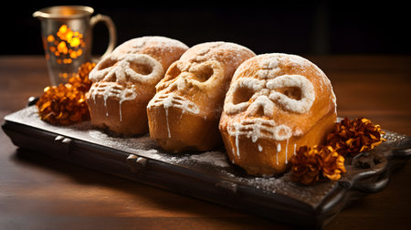 Traditional sugar skull bread for Halloween on wooden background. Selective focus.の素材