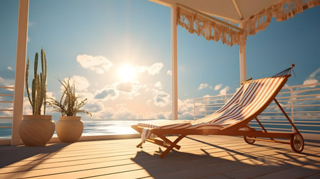 Relaxing deck chair on terrace overlooking the sea. 3d renderingの素材