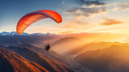 Paraglider flying over the mountains at sunset. 3d renderingの素材