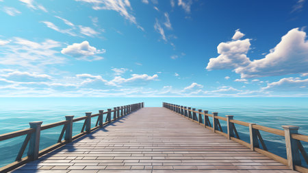 Wooden pier on sunny day with white clouds and sun. 3D renderingの素材