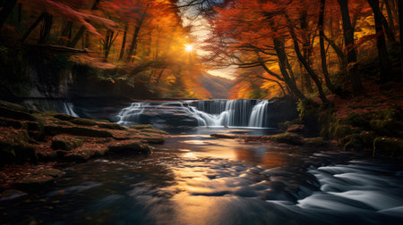 Waterfall in autumn forest at sunset. Beautiful nature scene with colorful forest and river.の素材