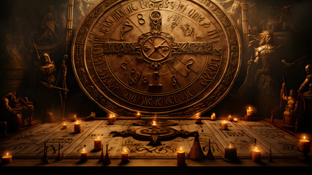 Ancient clock and candles in a dark room. Selective focus.の素材