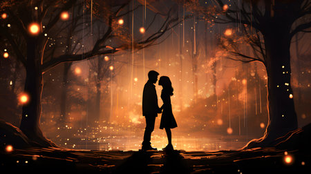 Silhouette of romantic couple in love in the forest at nightの素材