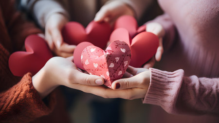 Cropped image of female and child holding red hearts on blurred backgroundの素材