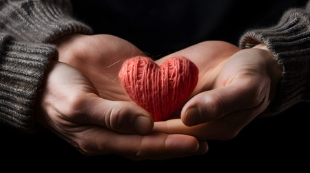 Red heart in the hands of a man in a gray sweater on a black backgroundの素材