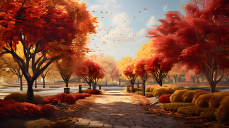 Autumn park with colorful trees and pathway. 3d rendering.の素材