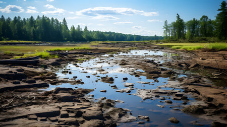 Landscape of the river in the forest on a sunny summer dayの素材