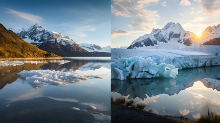 Collage of two images of the Glacier Lagoon, Torres del Paine National Park, Chileの素材