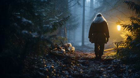 Woman walking in the forest at night with foggy backlight.の素材