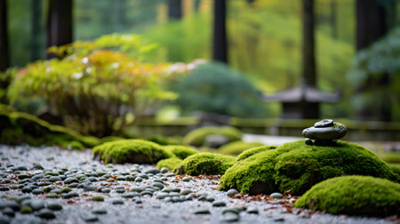zen garden with japanese lanterns and stones, selective focusの素材
