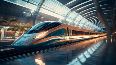 High speed train in the tunnel of modern business center. 3D renderingの素材