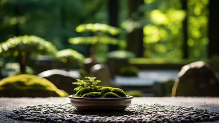 Japanese bonsai in a ceramic bowl on the garden table.の素材