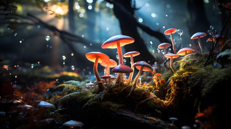 Mushrooms in the forest at night. Beautiful autumn forest.の素材