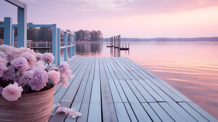 Bouquet of pink peonies in a wicker basket on a wooden pier on a lake at sunriseの素材