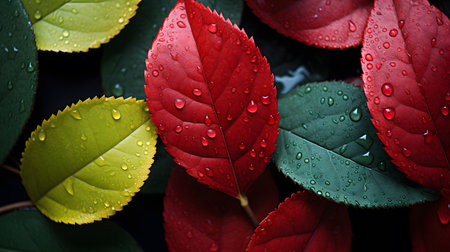 red and green leaves with drops of water on a dark background.の素材
