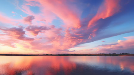 Sunset over the lake with clouds in pink and purple colors.の素材