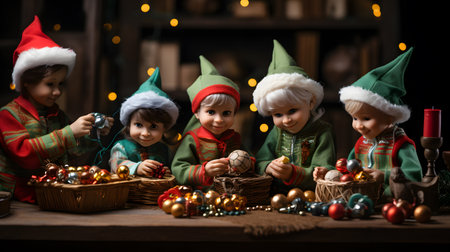 Christmas and New Year concept. Group of little gnomes on the background of Christmas decorations.の素材