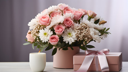 Beautiful bouquet of flowers in vase with gift box on tableの素材