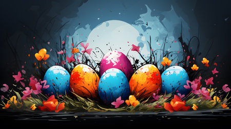 Easter background with eggs, flowers and grass. Vector illustration.の素材