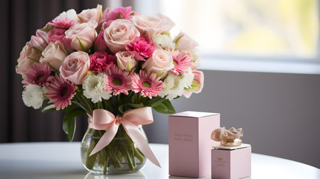 Bouquet of pink flowers in a vase and gift boxesの素材
