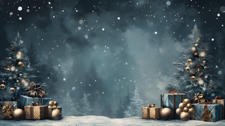 Christmas background with gift boxes and Christmas tree. 3D illustrations.の素材
