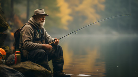 Fisherman with a fishing rod in the misty autumn forestの素材