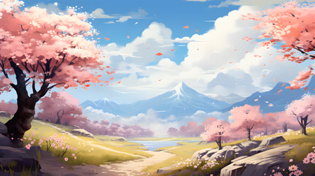 Cherry blossom landscape with mountain background. Digital art painting.の素材