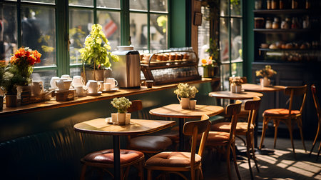 Coffee shop interior with tables, chairs and flowers in potsの素材