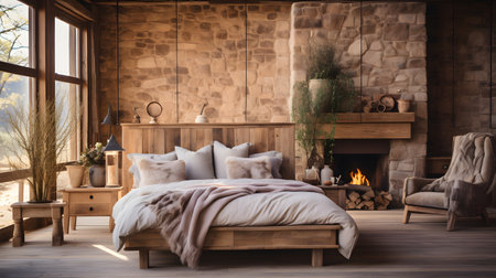Interior of a modern bedroom with a wooden bed and fireplace.の素材