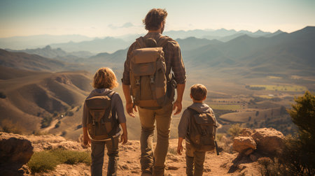 Father and son hiking in the mountains. Traveling with children conceptの素材