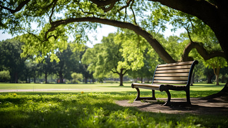 Bench in the park with green grass and trees in the background.の素材