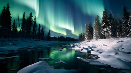 Aurora borealis, northern lights over frozen lake in winter.の素材