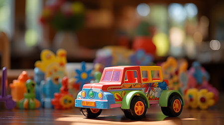 Toy car on the floor in a children's room. Selective focus.の素材