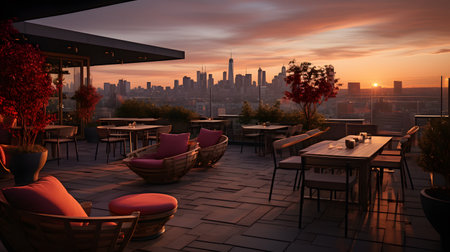 Cafe terrace with beautiful sunset in the city. 3d renderingの素材