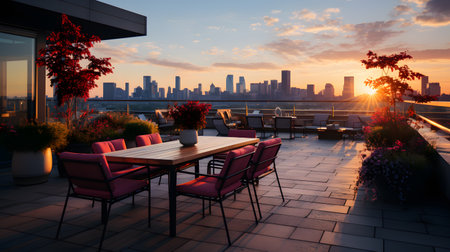 Outdoor terrace with a view of the city at sunset.の素材