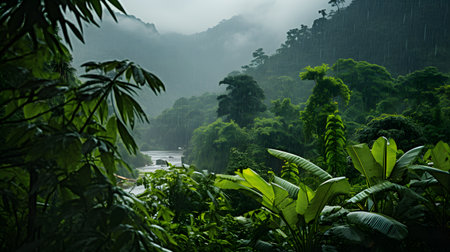 tropical rainforest in the morning with fog and trees in the foregroundの素材