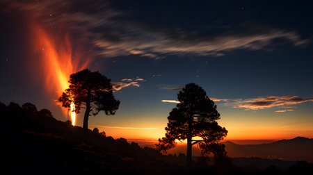 Pine tree and aurora borealis in the night sky.の素材