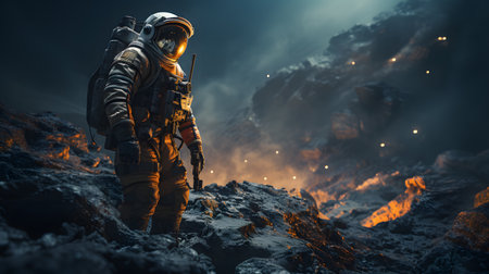 Astronaut in spacesuit and helmet on dark background.の素材