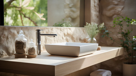 Modern bathroom sink with faucet and towel on wooden countertopの素材