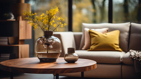 Vase with yellow flowers on wooden table in modern living room interiorの素材