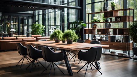 Interior of modern meeting room with wooden table and black chairs.の素材