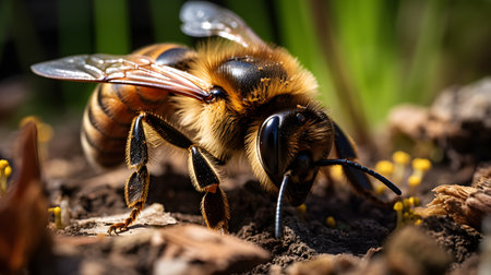 Close up of a bee (Apis mellifera) on the groundの素材