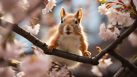 Squirrel on a branch of cherry blossoms in spring, close-upの素材