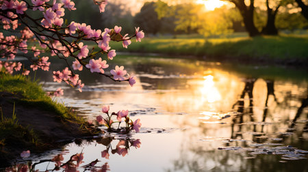 Beautiful cherry blossoms in the park at sunset. Spring backgroundの素材