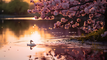 Swan on the lake with pink sakura blossom at sunsetの素材