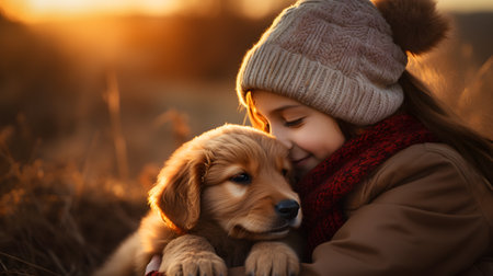 Cute little girl with her golden retriever puppy at sunset.の素材